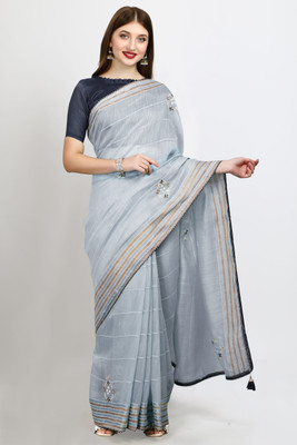 BATHANI CREATION Embroidered Bollywood Cotton Linen Saree(Grey)