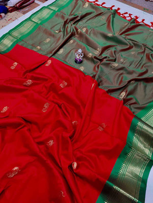 Fab Silk Embroidered Paithani Cotton Silk Saree(Red, Green)