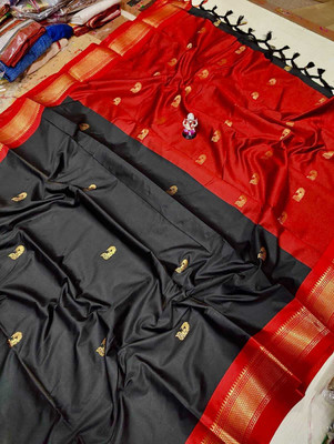 Fab Silk Embroidered Paithani Cotton Silk Saree(Red, Black)