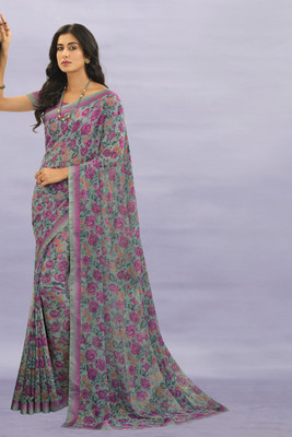 BLEESBURY Floral Print Bollywood Georgette, Chiffon Saree(Grey)