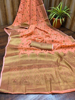 Shopya Woven Kanjivaram Pure Silk, Cotton Silk Saree(Orange)