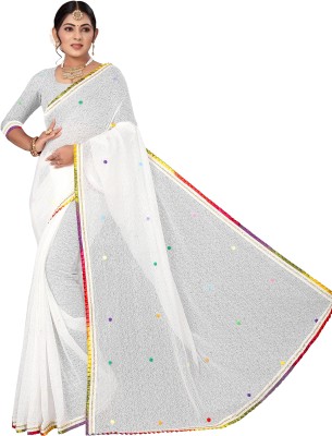 VANRAJ CREATION Self Design Bollywood Net Saree(White)