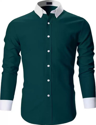 Silory Men Color Block Casual Dark Green Shirt