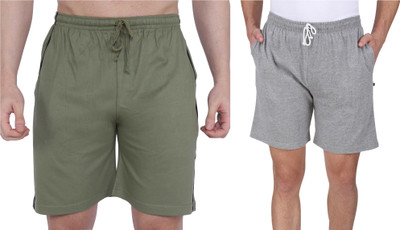 NEO GARMENTS Solid, Self Design Men Green, Grey Regular Shorts