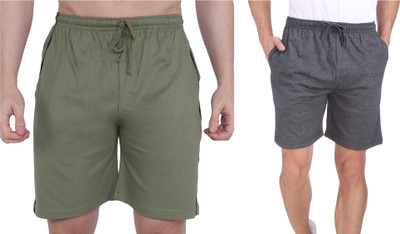 NEO GARMENTS Solid, Self Design Men Green, Dark Grey Regular Shorts