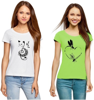 BASE 41 Graphic Print Women Round Neck White, Light Green T-Shirt