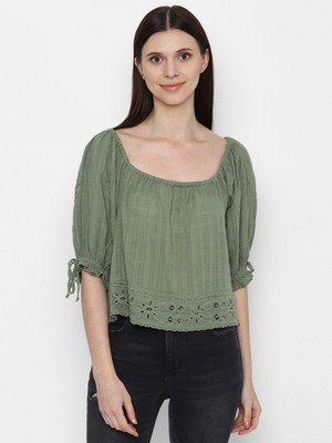 American Eagle Outfitters Casual Embroidered Women Green Top