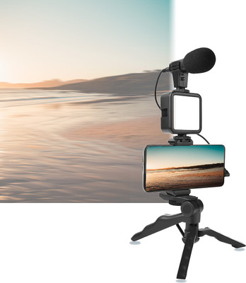 ANY KART Mobile Vlogging Kit with Microphone Tripod Stand and LED Light, Video Making Tripod Kit, Monopod Kit(Black, Supports Up to 1500 g)