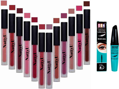 NattyU Beauty Waterproof Matte Set Of 12 Lipsticks - Long Lasting - 12 Different Shades - With OBN_LongCurlMascara(Combo)(13 Items in the set)
