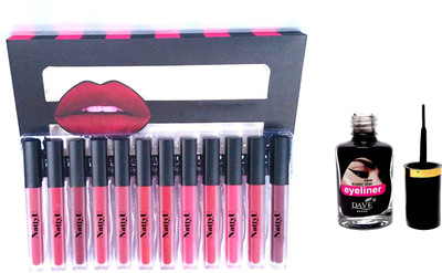 NattyU Beauty Waterproof Matte Set Of 12 Lipsticks - Long Lasting - 12 Different Shades - With DaveEyeliner10ml(Combo)(13 Items in the set)