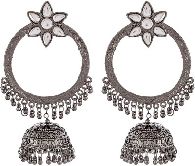 Happy Stoning Large Jhumka mirror Antique Silver Earrings Metal Jhumki Earring
