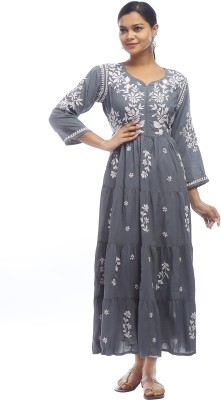 Golden Chikan Export Anarkali Gown(Grey)