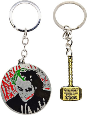 BIPS ENTERPRISES Marvel Mini Thor Mjolnir Hammer And Joker Face Keychain Combo Keyring Metal Key Chain
