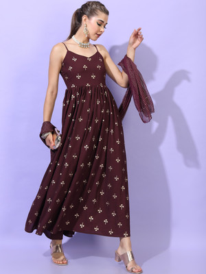Vishudh Women Printed Flared Kurta(Maroon)