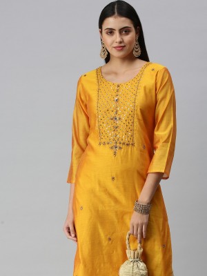 Showoff Women Embroidered Straight Kurta(Yellow)