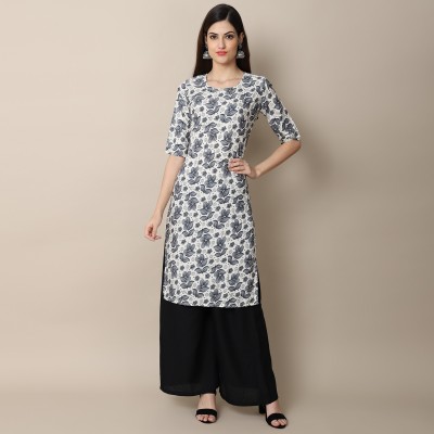 1 Stop Fashion Women Printed Straight Kurta(Grey, White)