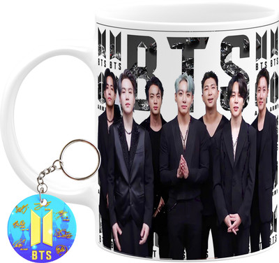 PrintingZone Bts Cup Bts Signature Army Bts Gift Combo For Girl Boys Bts Keychain (MKEY-02) Ceramic Coffee Mug(350 ml, Pack of 2)