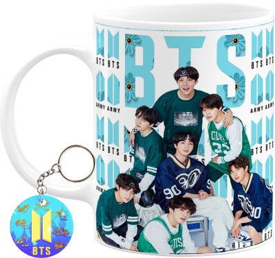 PrintingZone Bts Cup Bts Signature Army Bts Gift Combo For Girl Boys Bts Keychain (MKEY-12) Ceramic Coffee Mug(350 ml, Pack of 2)