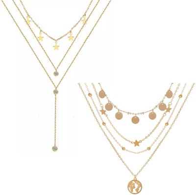 Vembley Combo of 2 Golden Triple layered Star, Half Earth Pendant Necklace Gold-plated Plated Alloy Layered