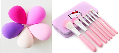 klaty All in One Set of Mini makeup Brushes with 5 Makeup WASHABLE BEAUTY BLENDER PUFF