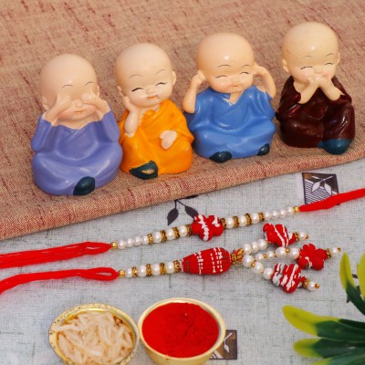 GW Creations Rudraksh Shri Red Lumba Rakhi 2 With Mini Buddha (719) Gold Finish, Plastic (PVC), Mauli Thread Rakhi  Set(2 Rakhi, Roli, Chawal, Mishri, Chandan, Mini Buddha)