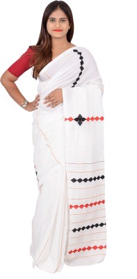 SAYAN CREATION Striped Handloom Pure Cotton Saree(White)