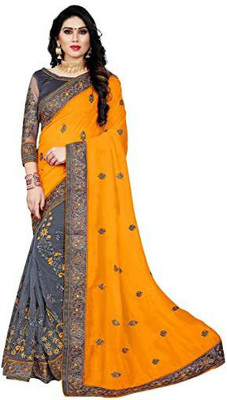 PRAMUKH HEAVAN Embroidered, Embellished Bollywood Net, Art Silk Saree(Grey, Yellow)