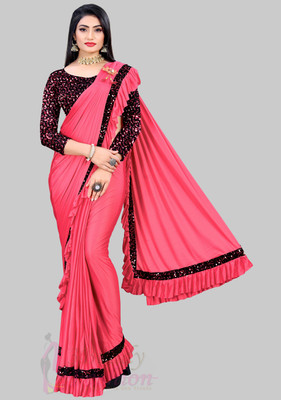 ENCLIQ Solid/Plain Bollywood Lycra Blend Saree(Pink)