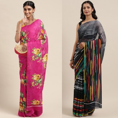 Uveeka Printed Daily Wear Georgette Saree(Pink, Grey)