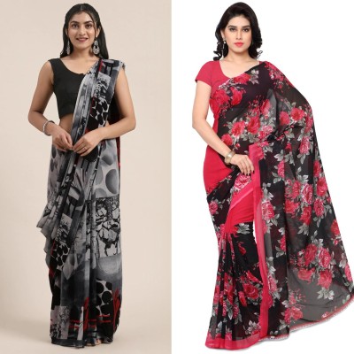 Uveeka Printed Daily Wear Georgette Saree(Grey, Pink)