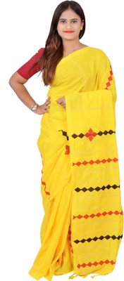 SAYAN CREATION Striped Handloom Pure Cotton Saree(Yellow)
