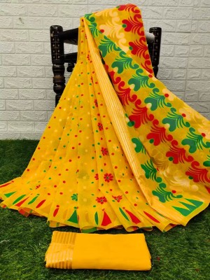 Anju Sarees Floral Print Jamdani Cotton Blend, Cotton Linen Saree(Yellow, Red)