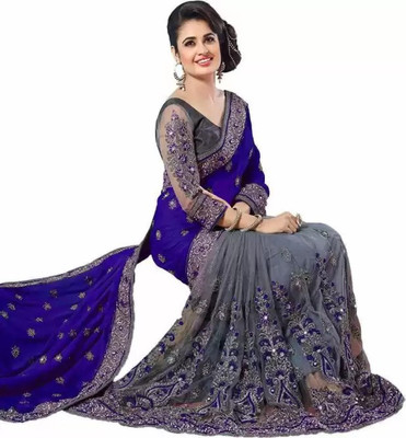 PRAMUKH HEAVAN Embroidered, Embellished Bollywood Net Saree(Blue, Grey)