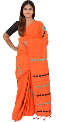 SAYAN CREATION Striped Handloom Pure Cotton Saree(Orange)