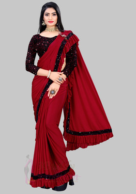 Freydis Solid/Plain Bollywood Lycra Blend Saree(Red)