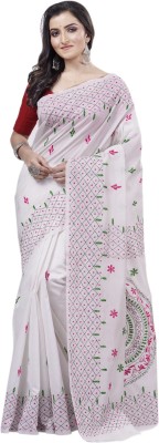 Ruuprekha Embroidered Kantha Cotton Silk Saree(Beige)