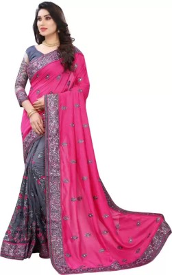 PRAMUKH HEAVAN Embroidered, Embellished Bollywood Net Saree(Pink, Grey)