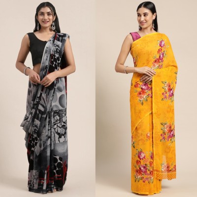 Uveeka Printed, Floral Print Daily Wear Georgette Saree(Grey, Yellow)