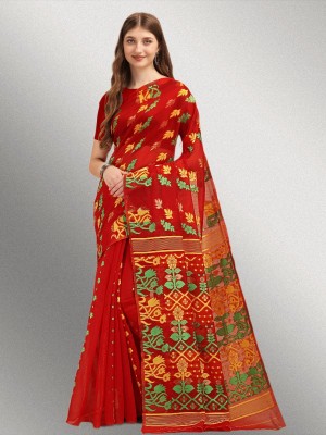 Areca Designer Self Design, Woven, Embellished Jamdani Muslin, Cotton Silk Saree(Red, Green)