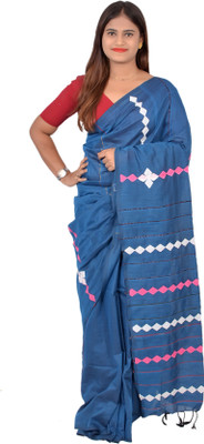 SAYAN CREATION Striped Handloom Pure Cotton Saree(Blue)
