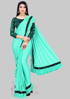 ENCLIQ Solid/Plain Bollywood Lycra Blend Saree(Light Blue)