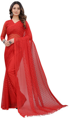 Dhyey Fashion Self Design Bollywood Net, Brasso Saree(Red)