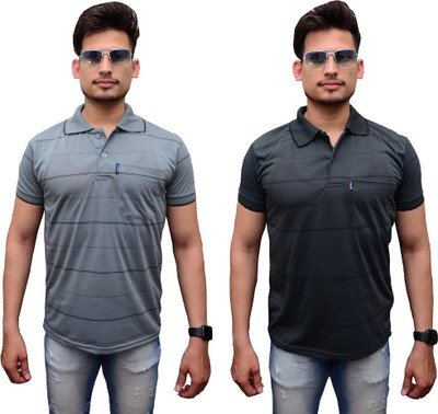 Maleno Striped Men Polo Neck Silver, Grey T-Shirt