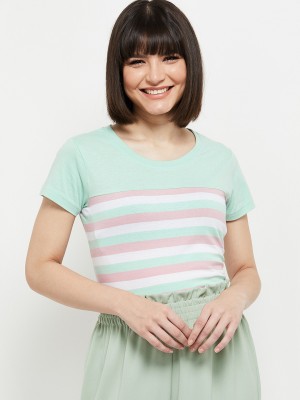 MAX Striped Women Round Neck Green T-Shirt