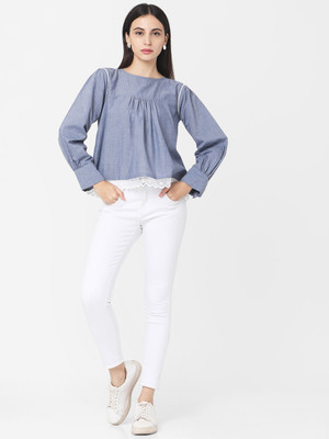 Fourleaf Casual Self Design Women Blue Top