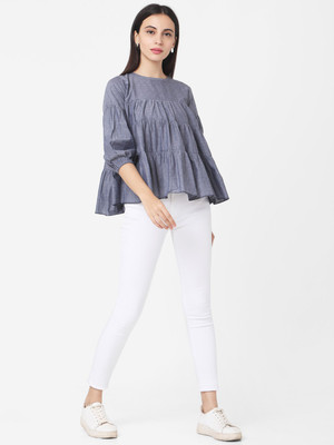 Fourleaf Casual Solid Women Grey Top