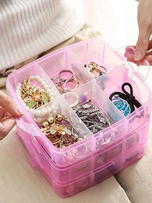 Coozico Jewellery Organisers Plastic 3 layer 18 Grid Square Portable 18 Vanity Box(Pink)