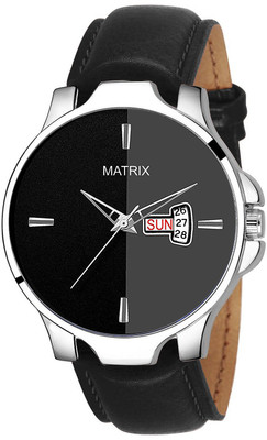 MATRIX DD-107-BLACK Dual Tone Day & Date Black Dial & Black Leather Strap Analog Watch  - For Men