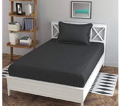 NeLeo 225 TC Polycotton Single Striped Fitted (Elastic) Bedsheet(Pack of 1, Dark Grey)