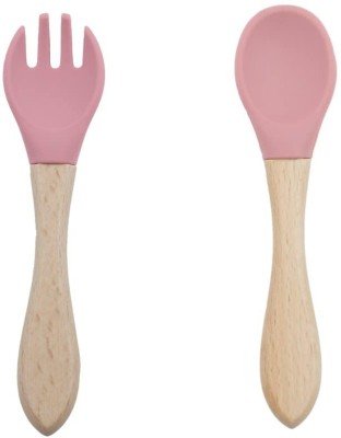 GUCHIGU Baby Silicon Spoon and fork Set , BPA-Free Self Feeding Utensils for Newborns  - wooden, silicone(Dusty Rose)